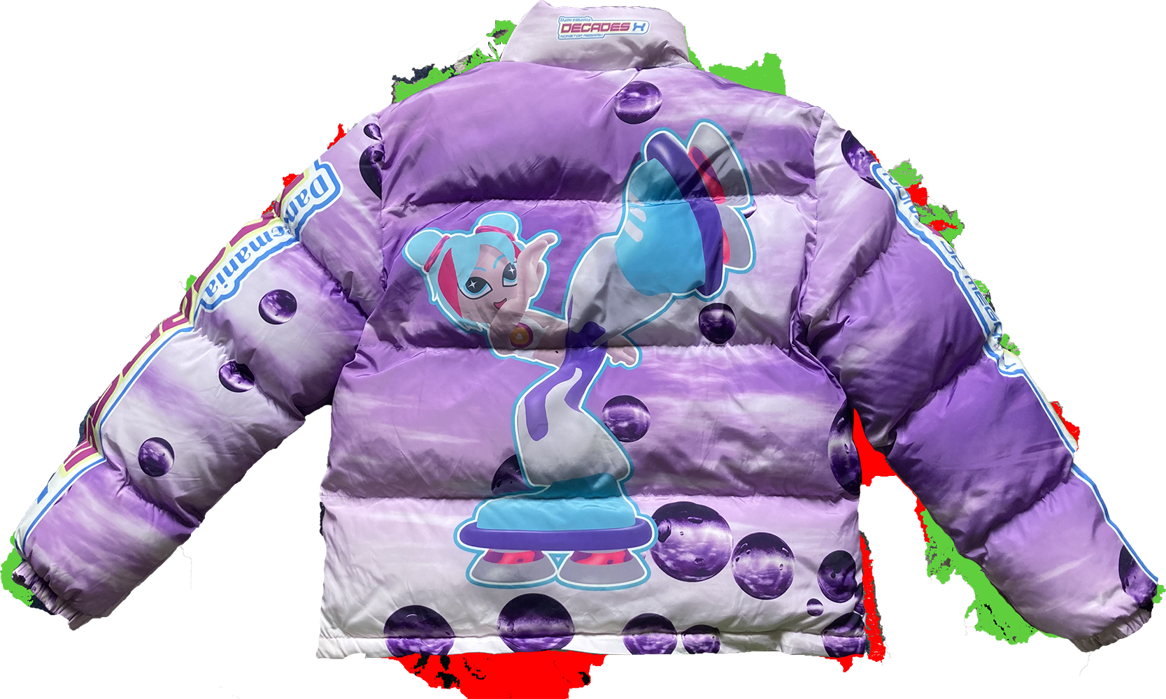 purple dancemania print puffer jacket