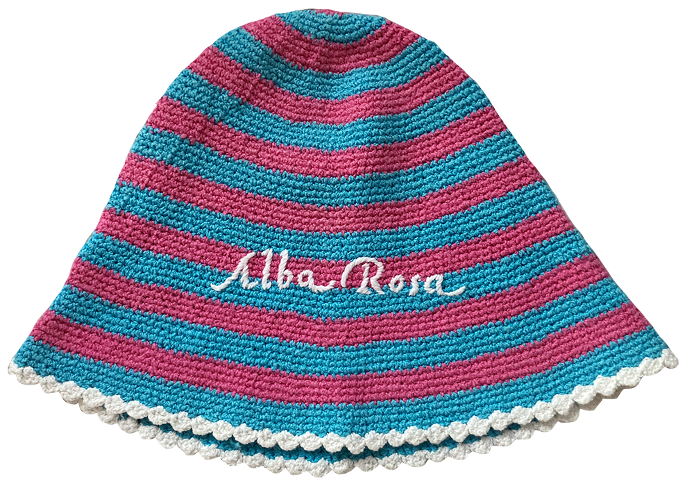 pink and blue striped hat