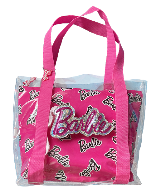 pink and clear barbie beach bag