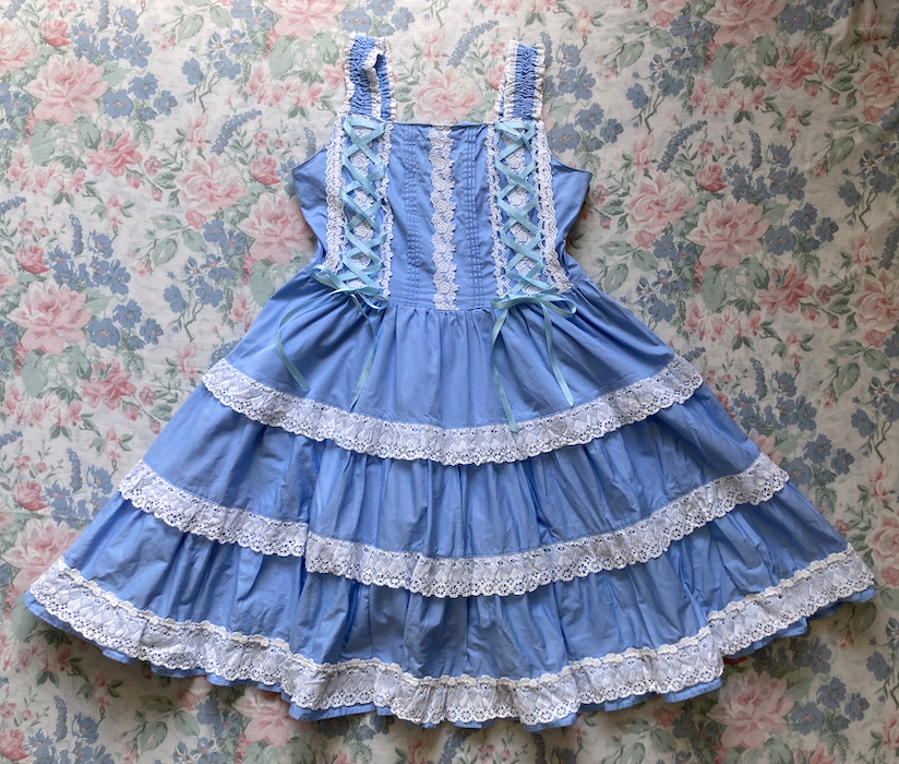 blue dress with white lace