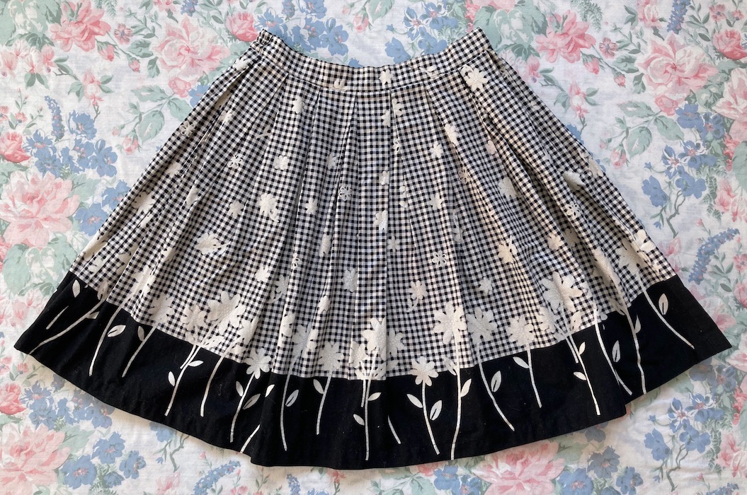black and white gingham skirt with flowers