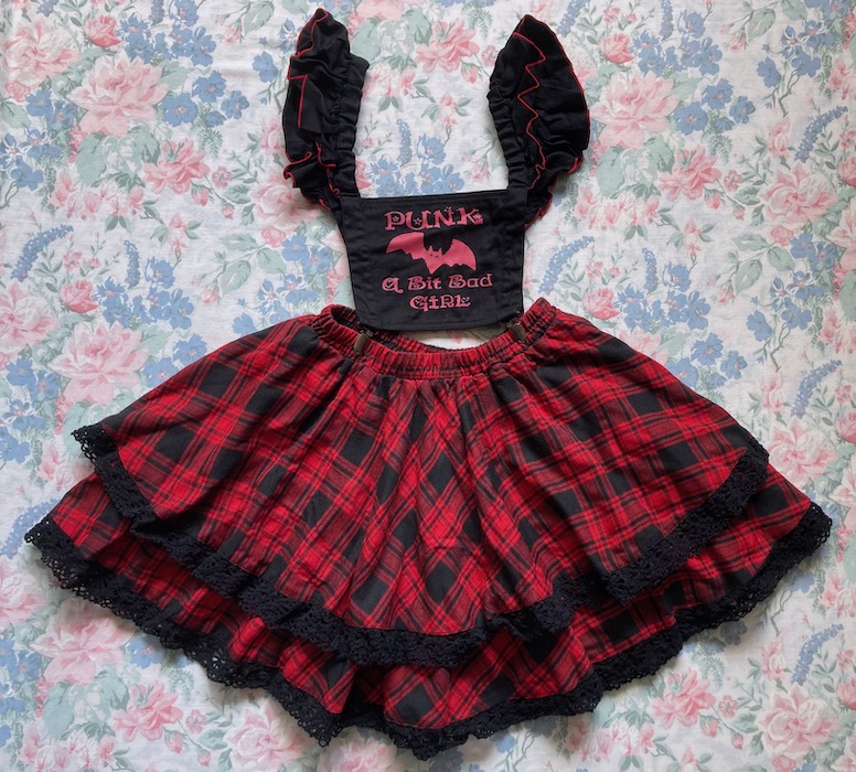 red and black skirt with apron front