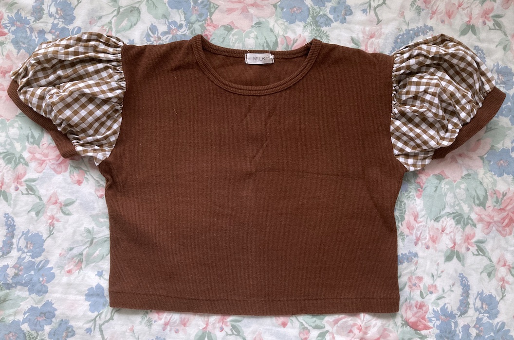 brown cropped cutsew with gingham puff sleeves