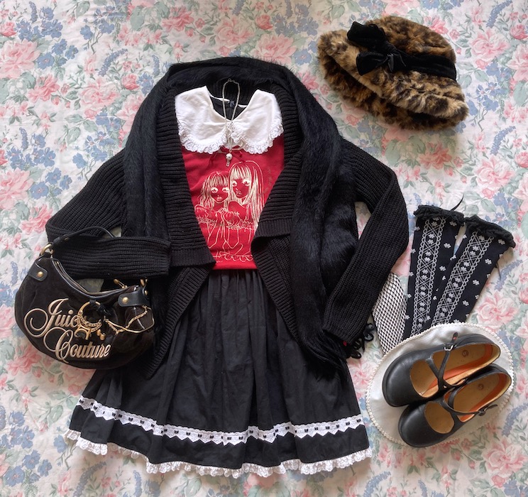 black, white and red coord with fluffy leopard print hat